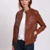 Lee Cooper Leather Jacket With Round Collar - 2 Zipped Side Pockets - - Leren Jas - Cognac