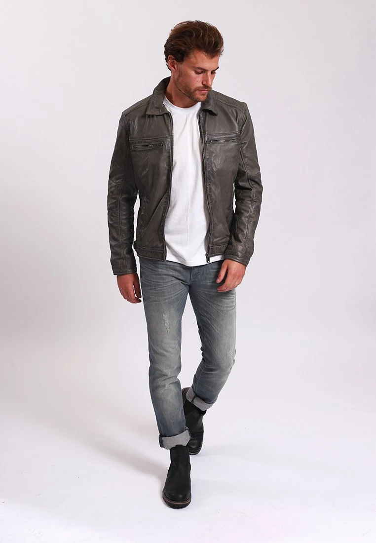 Lee Cooper Leather Jacket With Collar Shirt - 2 Split Side Pockets - - Leren Jas - Vintage Grey 2 Lee Cooper Leather Jacket With Collar Shirt - 2 Split Side Pockets - - Leren Jas - Vintage Grey - Afbeelding 2